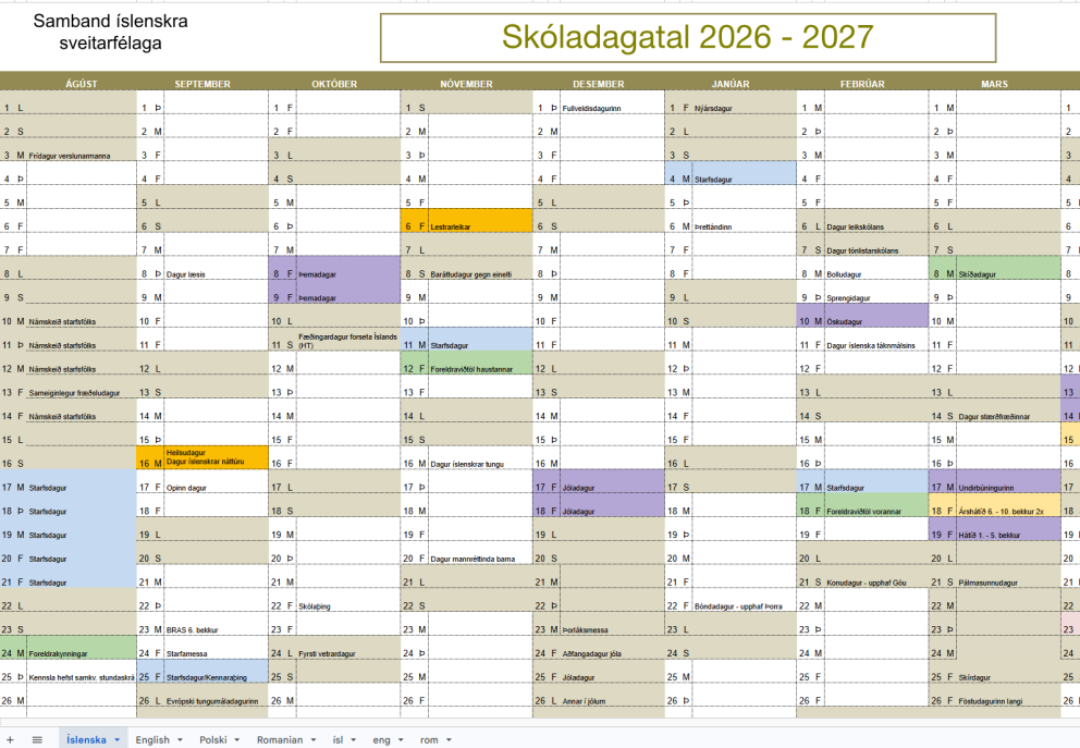 Skóladagatal 2026–2027 | School Calendar 2026–2027 | Kalendarz szkolny 2026–2027 | Calendarul școlar&hellip;