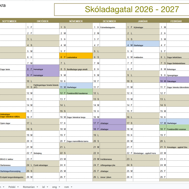 Skóladagatal 2026–2027 | School Calendar 2026–2027 | Kalendarz szkolny 2026–2027 | Calendarul școlar&hellip;